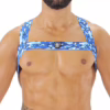 Blue camo elastic harness worn by a man
