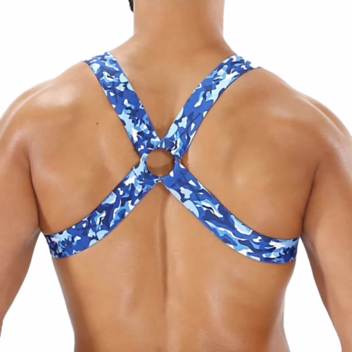 Blue camo elastic harness with circular connector at the back