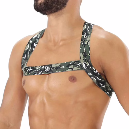Tof Paris Fetish Elastic Harness in camouflage design, worn by a model showing upper body
