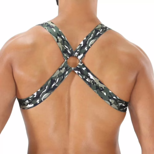 Tof Paris Fetish Elastic Harness in camo design, showcasing a stylish back