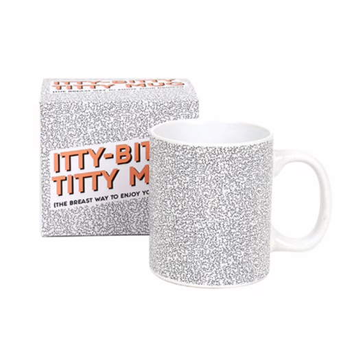 Enjoy your favorite beverage with a touch of humor using the Itty-Bitty Titty Mug. Itty-Bitty Titty Mug with speckled design and box