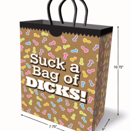 Add some humor to your gift-giving with this quirky bag! Humorous gift bag with 'Suck a Bag of DICKS!' text and colorful shapes