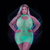 Woman wearing a glow-in-the-dark keyhole mini dress, showcasing a fitted design