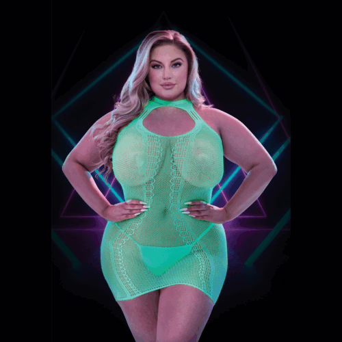 Woman wearing a glow-in-the-dark keyhole mini dress, showcasing a fitted design