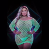 Glow in the dark mesh mini dress modeled by a woman
