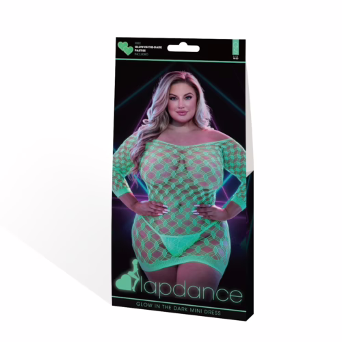 Glow in the dark mesh mini dress displayed on packaging