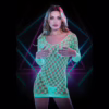 Glow in the dark mesh mini dress with honeycomb design, model posing