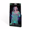 Glow in the dark mesh mini dress packaging featuring a model