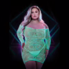 Glow in the dark off-the-shoulder mini dress with lace patterns