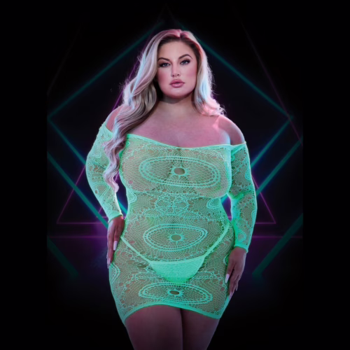 Glow in the dark off-the-shoulder mini dress with lace patterns