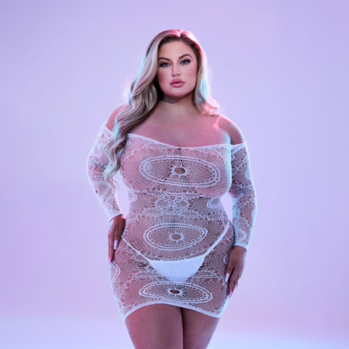 Off-the-shoulder glow in the dark lace mini dress on a model