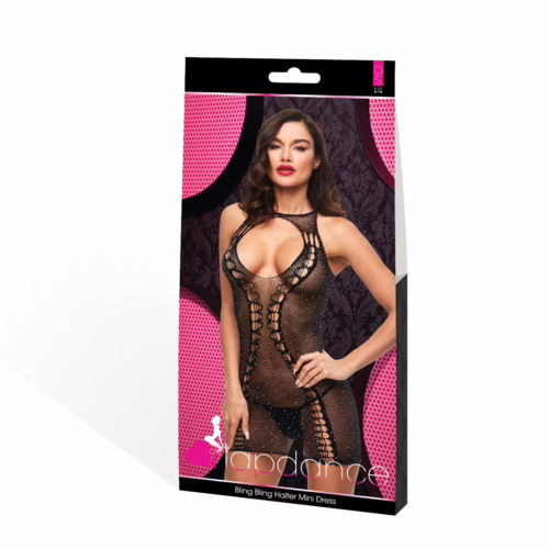 Lapdance Bling Bling Halter Mini Dress packaging, showcasing a model in a sparkling black mini dress, available at The Lov...