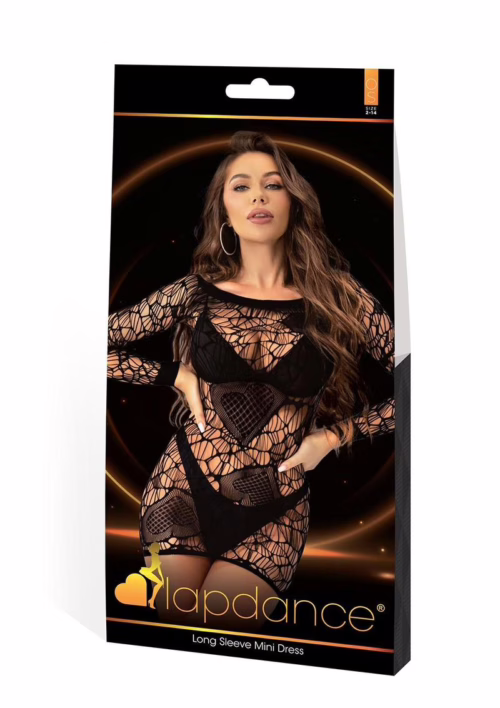Lapdance Long Sleeve Mini Dress - Black, featuring a sheer design and model wearing it