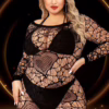 A model wearing a sheer black lace long sleeve mini dress with heart patterns