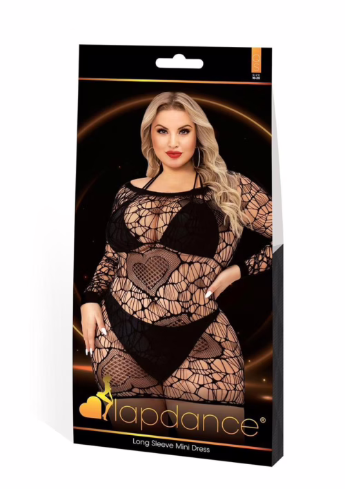 Lapdance Long Sleeve Mini Dress - Black, featuring a sheer design with heart patterns