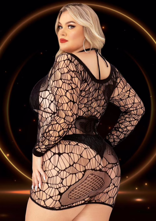 Black Lapdance Long Sleeve Mini Dress with fishnet design