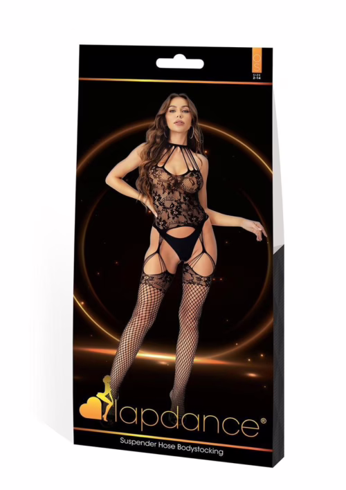 Black suspender hose bodystocking with lace design and cutouts