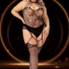 Black lace bodystocking with suspender straps and fishnet stockings