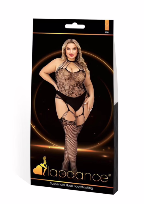 Black Lapdance Suspender Hose Bodystocking, featuring a lace design and cutouts