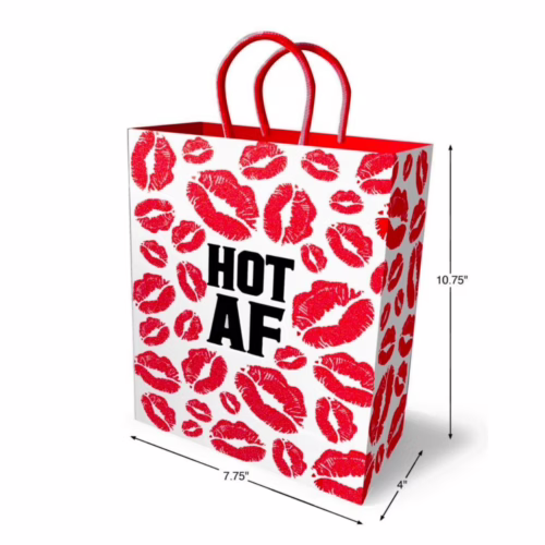 Make your gifts stand out with this cheeky 'HOT AF' gift bag! White gift bag with red kiss prints and 'HOT AF' text