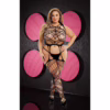 Black lace suspender bodystocking worn by a model