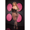 Model wearing a black off-the-shoulder lace bodystocking