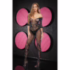 Black lace bodystocking worn by a model, featuring off-the-shoulder sleeves
