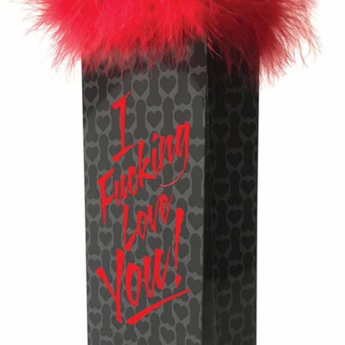 Express your love with this playful and stylish gift bag, perfect for any occasion. Gift bag with 'I Fucking Love You!' in red text, topped with red feathers