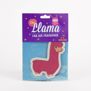 Add a whimsical touch to your car with this cherry-scented llama air freshener! Llama car air freshener in packaging, available at The Loving Company.