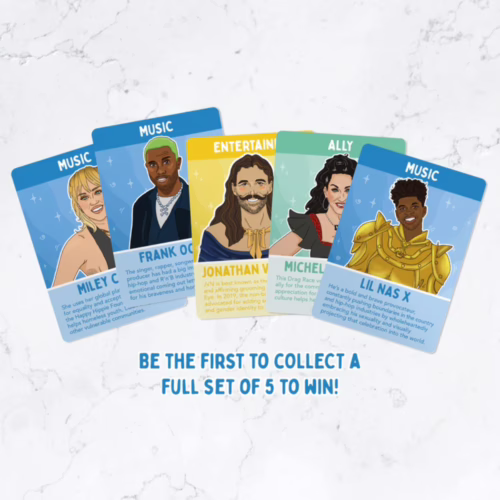Collect your favorite artists in this fun and inclusive card game! Five colorful cards from the 'Bubblegum Stuff Loud And Proud Card Game', featuring various