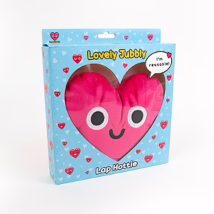 Stay warm and cozy with the adorable Lap Hottie, available at The Loving Company. Heart-shaped Lap Hottie in a colorful box, available at The Loving Company.