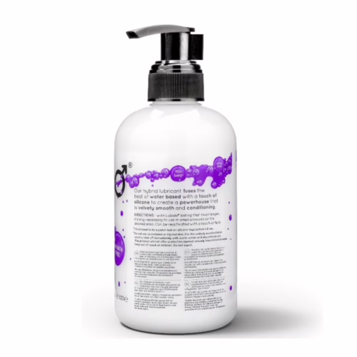 Lubido Hybrid lubricant bottle with a pump, featuring purple bubbles on the label