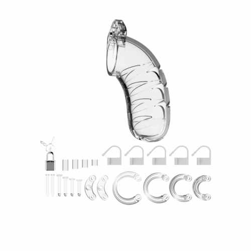 Man Cage Model 04 chastity cock cage in clear, with various rings and locks