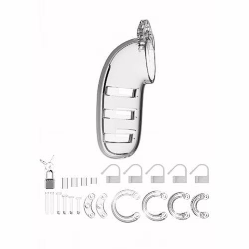 Clear Man Cage Model 06 chastity device, with various fittings and a lock