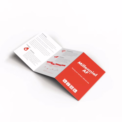 Discover the 'Millennial AF' card game, perfect for fun gatherings with friends. Folded card for the 'Millennial AF' card game, displaying game info
