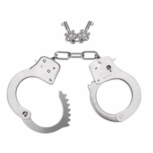 Silver metal handcuffs with a chain and two keys