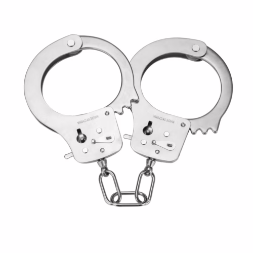 Silver metal handcuffs with a connecting chain