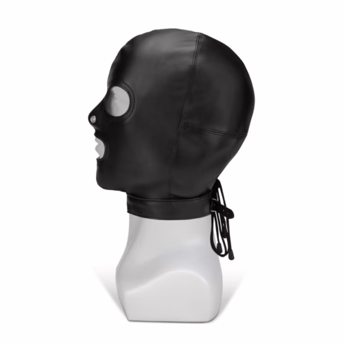 Black hood with eye, nose, and mouth openings