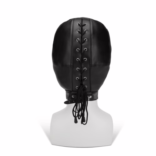 Black hood with eye, nose, and mouth openings, lace-up back