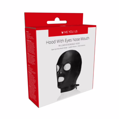 PU leather bondage hood with eye, nose, and mouth openings