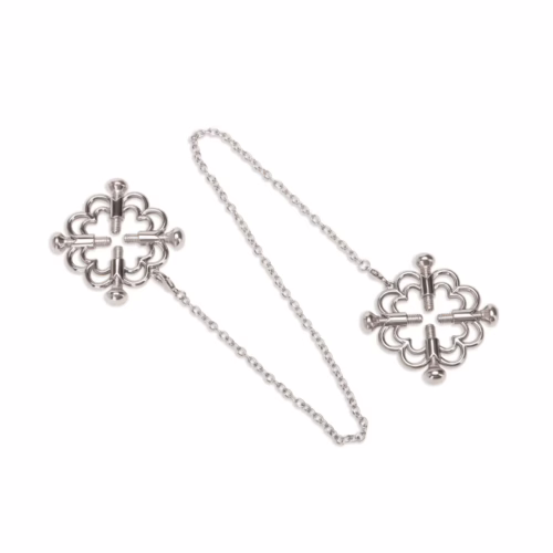 Silver flower design nipple chain, featuring two floral motifs connected by a chain