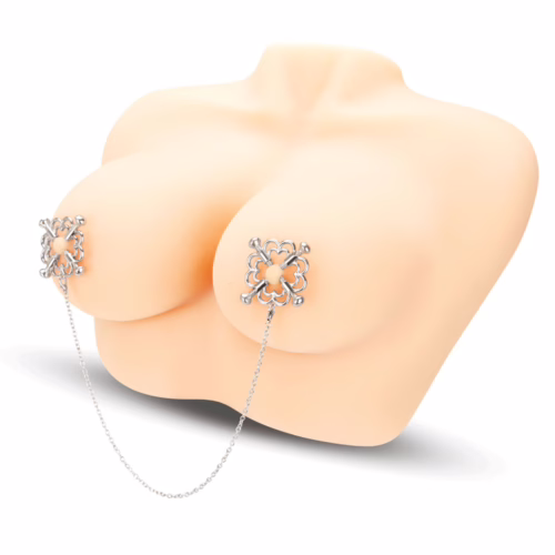Silver flower design nipple chain with intricate decorations