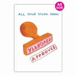 Add a touch of humor to your note-taking with this quirky A5 notebook. A5 notebook with a stamp design saying 'Approved' and 'All Your Stupid Ideas', available at The Loving Company.