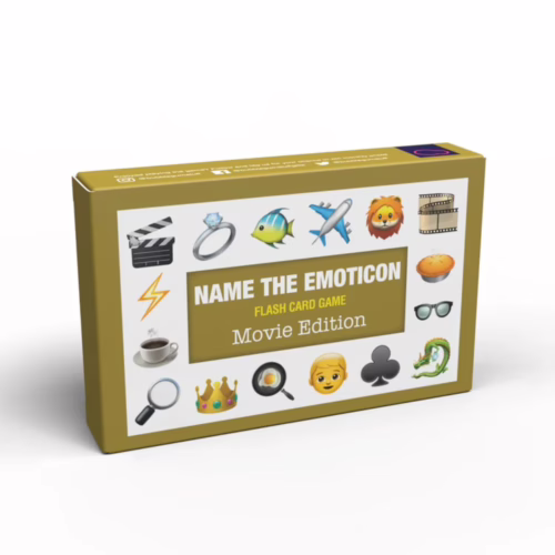 Challenge your film knowledge with the Name The Emoticon Card Game - Movie Edition! Name The Emoticon Card Game - Movie Edition, featuring emoji graphics on a box
