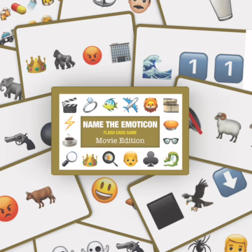 Join the fun with the 'Name The Emoticon' card game, now available at The Loving Company! Emoticon card game 'Name The Emoticon', featuring various movie-related emojis