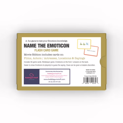 Test your emoticon knowledge with the movie edition of the 'Name The Emoticon' card game. Box of the 'Name The Emoticon' card game, with details about the game on the back