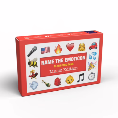 Discover the fun of music-themed guessing with the 'Name The Emoticon' card game! Colorful box of 'Name The Emoticon' card game featuring music-themed emojis
