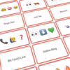 Enjoy a fun music guessing game with 'Bubblegum Stuff Name The Emoticon' cards! Colorful cards from the game 'Bubblegum Stuff Name The Emoticon,', featuring emojis and so