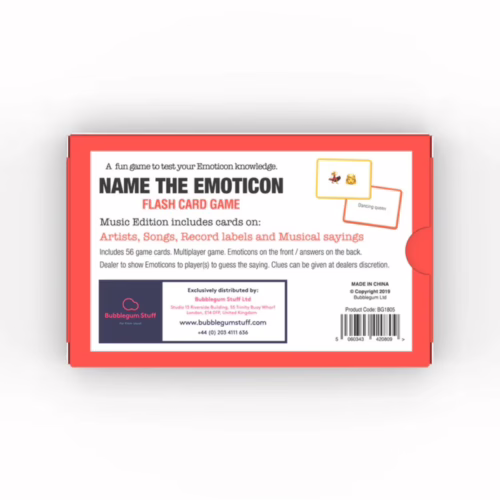 Test your music knowledge with the fun 'Name The Emoticon' card game! Back of the 'Name The Emoticon' card game showing game details