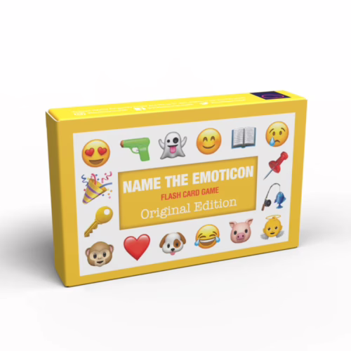 Challenge your friends and family with the fun Name The Emoticon card game! Name The Emoticon card game box with emojis